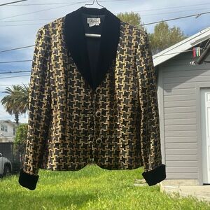 Vintage 90s Rimini Metallic Gold and Black Patterned Blazer with Velvety Collar